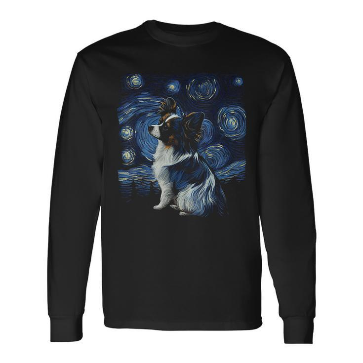 Papillon Dog Starry Night Dogs Lover Graphic Long Sleeve T-Shirt