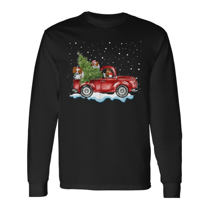 Papillon Dogs Ride Red Truck Christmas Xmas Long Sleeve T-Shirt