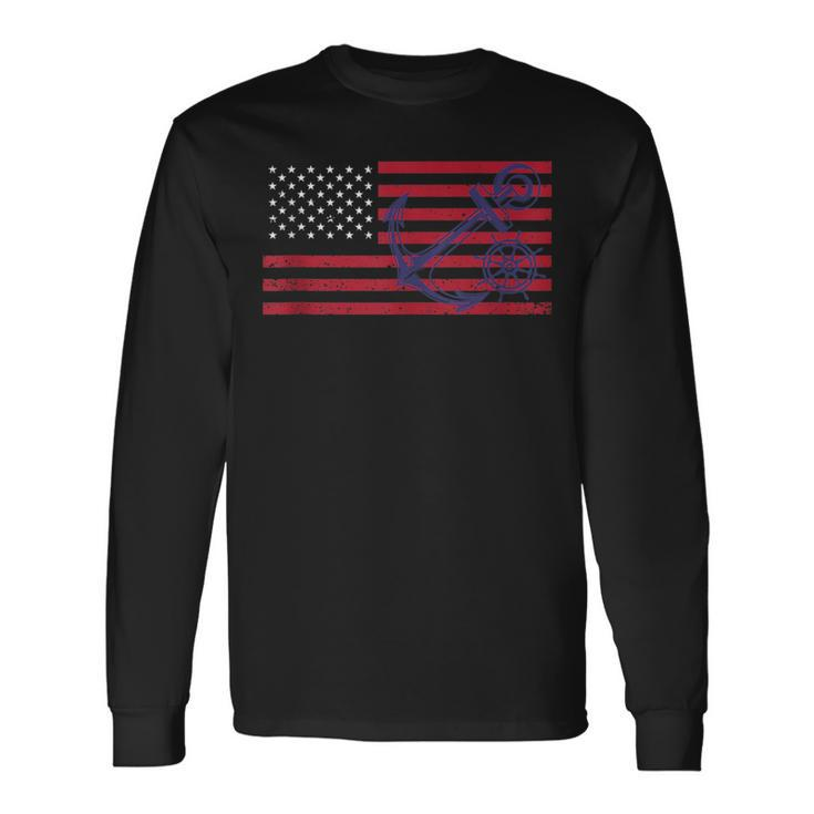 Patriotic Nautical American Flag Usa Blue Anchor Wheel Long Sleeve T-Shirt T-Shirt