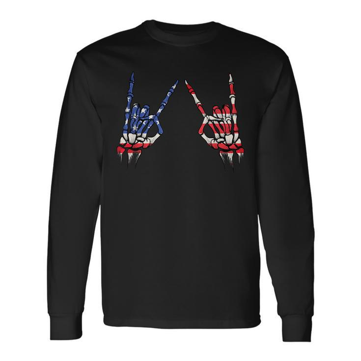 Patriotic Usa Flag Skeleton Rock On Devil Horns 4Th Of July Patriotic Long Sleeve T-Shirt T-Shirt