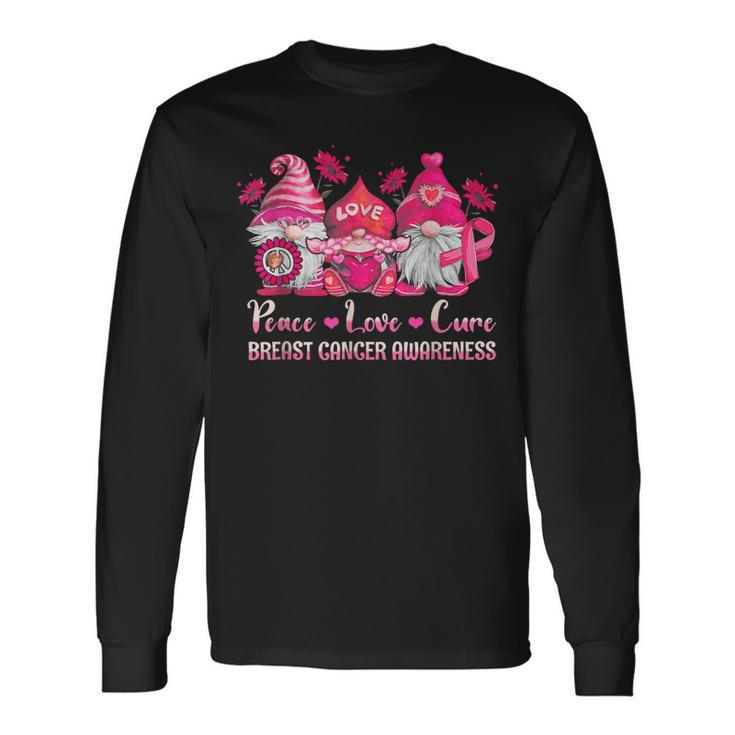 Peace Love Cure Gnomes Pink Ribbon Breast Cancer Awareness Long Sleeve T-Shirt