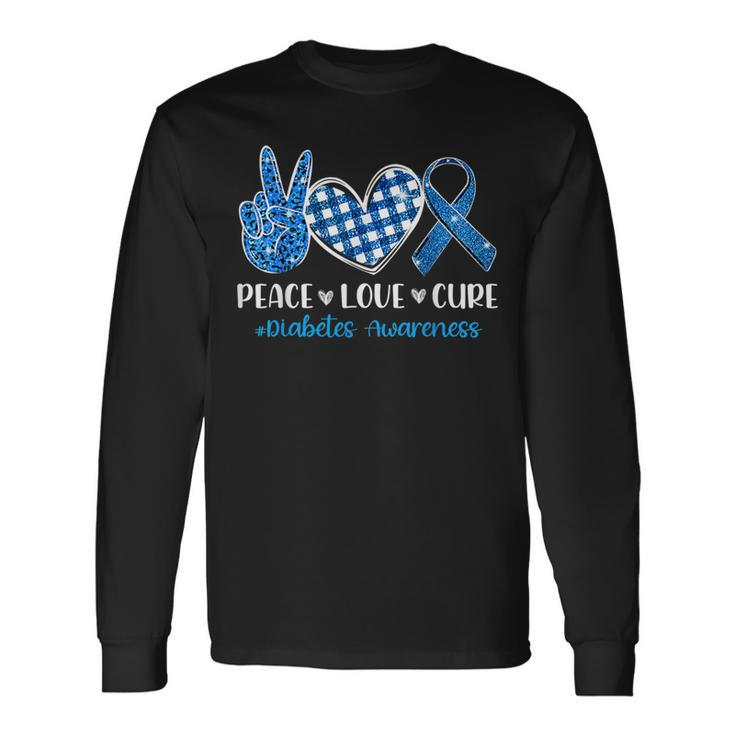 Peace Love Cure Grey Blue Ribbon Diabetes Awareness Long Sleeve T-Shirt