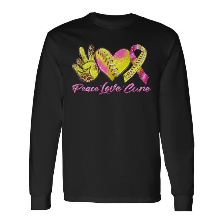 Peace Love Cure Pink Ribbon Softball Breast Cancer Awareness Long Sleeve T-Shirt