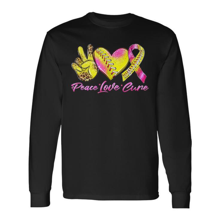 Peace Love Cure Pink Ribbon Softball Breast Cancer Awareness Long Sleeve T-Shirt