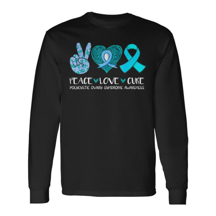 Peace Love Cure Polycystic Ovary Syndrome Pcos Teal Ribbon Long Sleeve Gifts ideas