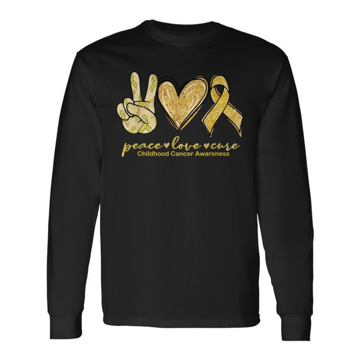 Peace Love Cure Yellow Ribbon Childhood Cancer Awareness Long Sleeve