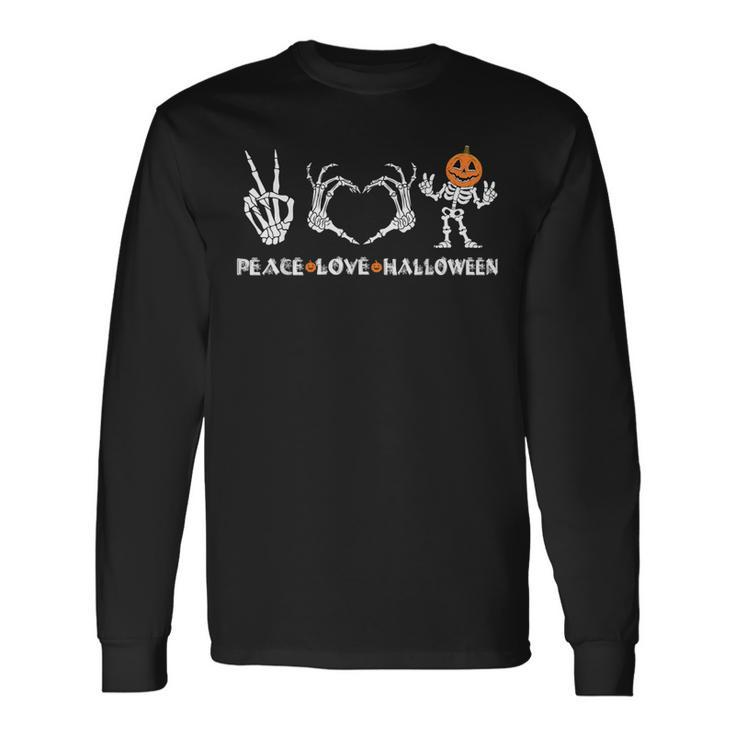 Peace Love Halloween Happy Halloween Pumpkin Skeleton Hands Long Sleeve T-Shirt