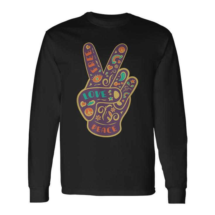 Peace Sign Two Fingers Distressed Long Sleeve T-Shirt
