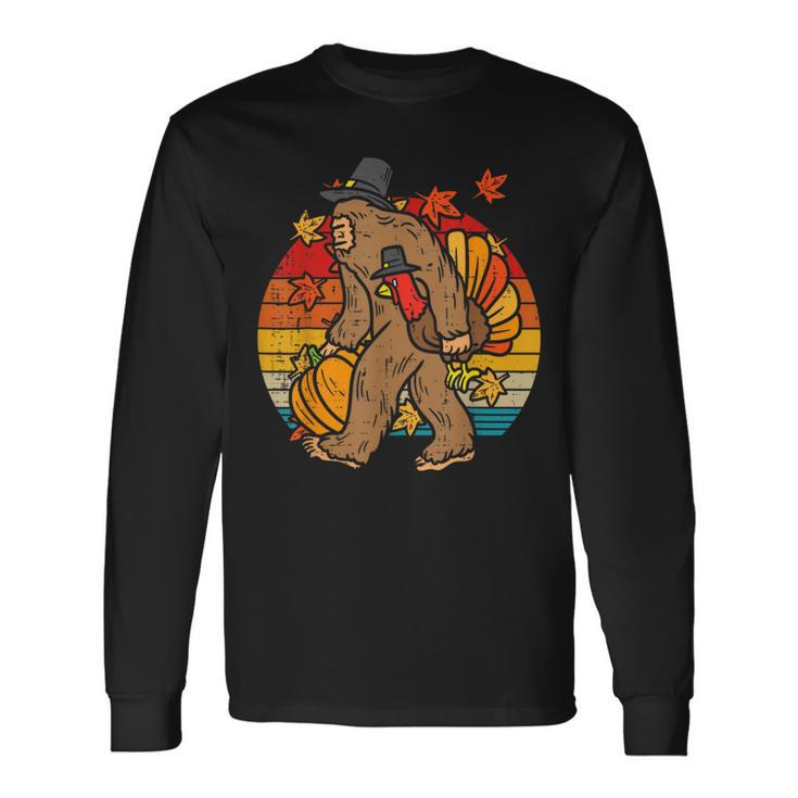 Pilgrim Bigfoot Turkey Retro Thanksgiving Sasquatch Men Long Sleeve T-Shirt