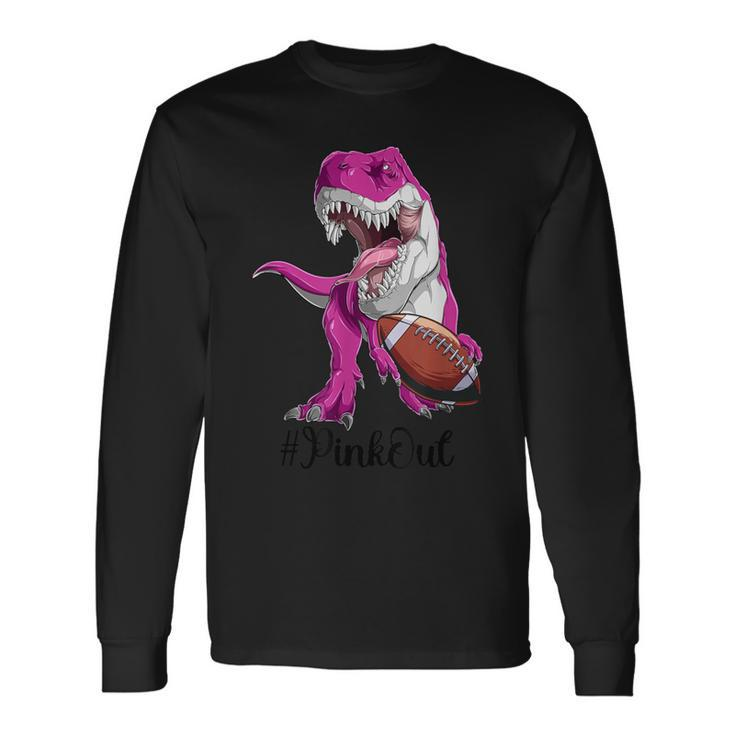 Pink Dinosaur Football Boys Pink Out Breast Cancer Long Sleeve T-Shirt