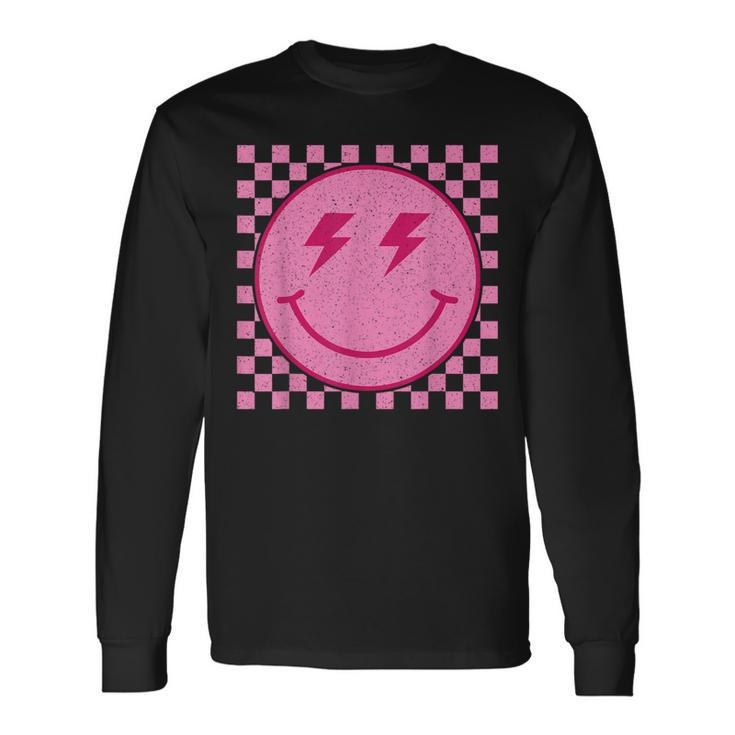 Pink Happy Face Checkered Pattern Smile Face Trendy Smiling Long Sleeve T-Shirt