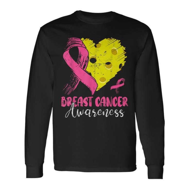 Pink Ribbon & Pickleball Ball Heart Breast Cancer Warrior Long Sleeve T-Shirt