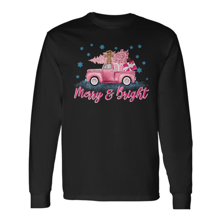 Pink Tree Christmas Merry And Bright Pink Truck Xmas Costume Long Sleeve T-Shirt
