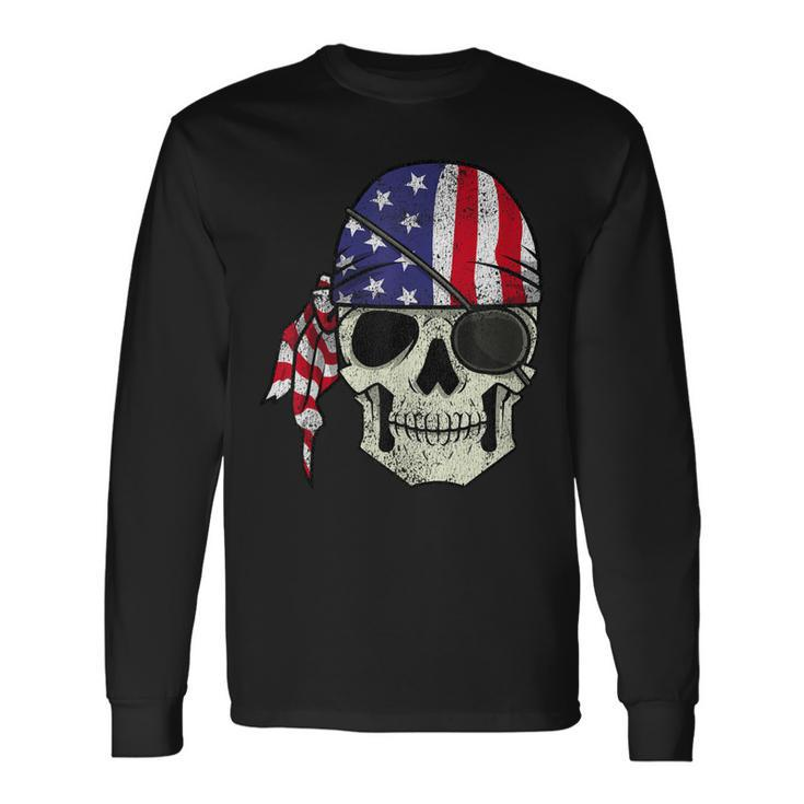 Pirate 4Th Of July Distressed Usa Skull American Flag Long Sleeve T-Shirt T-Shirt