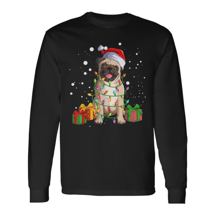Pug Christmas Tree Lights Santa Dog Xmas Boys Pugmas Long Sleeve T-Shirt