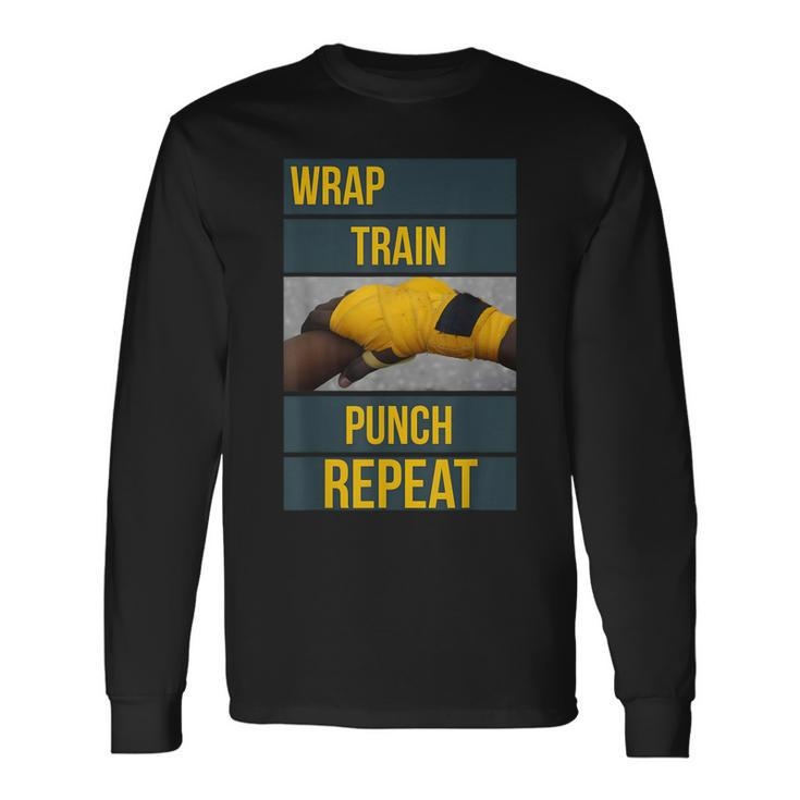 Punchy Graphics Wrap Train Punch Repeat Boxing Kickboxing Long Sleeve T-Shirt Gifts ideas