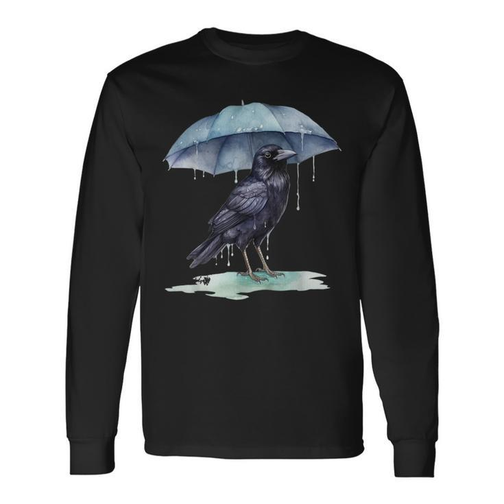 Raven Playing In The Rain With An Umbrella Novelty Apparel Long Sleeve T-Shirt