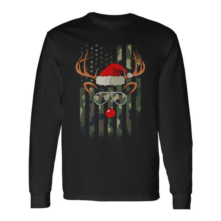 Reindeer Camo American Flag Christmas Pajama X-Mas Veteran Long Sleeve T-Shirt