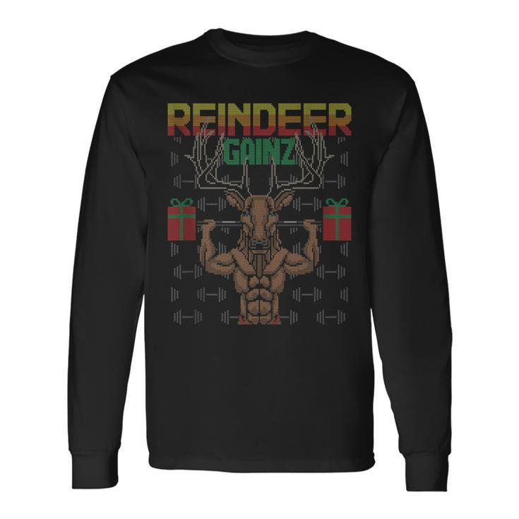 Reindeer Gainz Brodolf Ugly Christmas Sweater Gym Workout Long Sleeve T-Shirt
