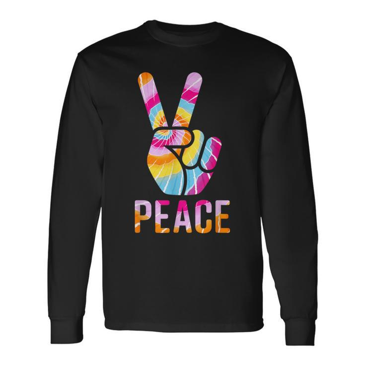 Retro 60’S 70’S Tie Dye Peace V Hand Sign Hippie Graphic Long Sleeve T-Shirt Gifts ideas
