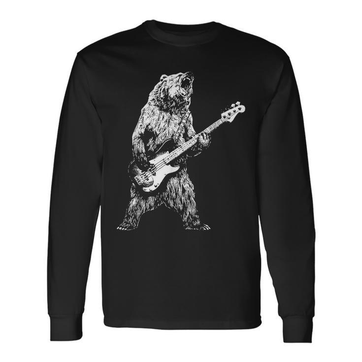 Retro Bear Playing Bass Guitar Bear Guitarist Music Lovers Long Sleeve T-Shirt
