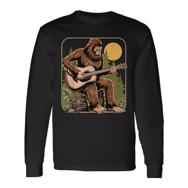 Retro Bigfoot Sasquatch Playing Acoustic Guitar Guitarist Long Sleeve T-Shirt