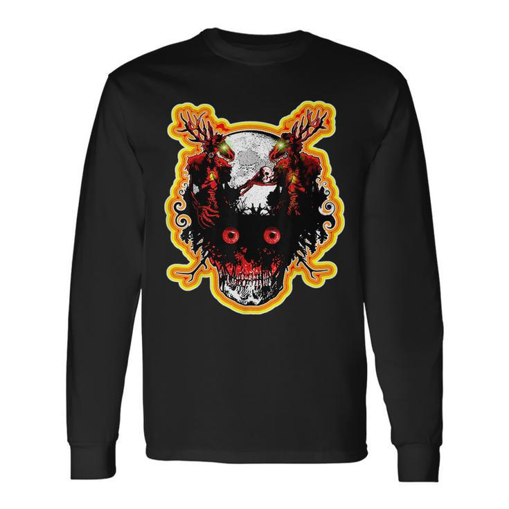 Retro Double Wendigo Skull And Moon Vintage Scary Monster Long Sleeve T-Shirt T-Shirt