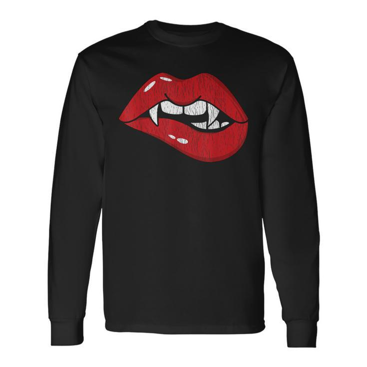 Retro Dracula Vampire Red Lips Th Bite Halloween Costume Long Sleeve T-Shirt