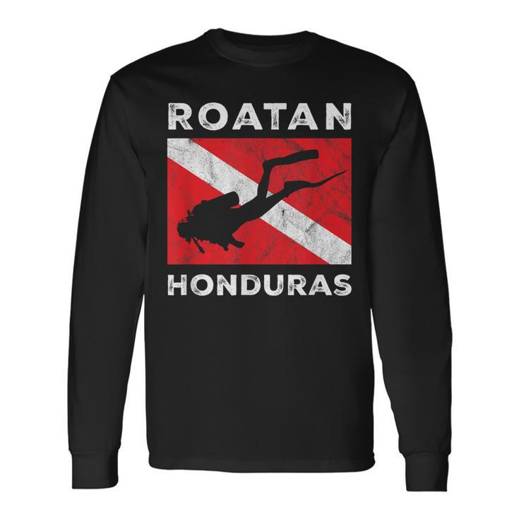 Retro Roatan Honduras Scuba Dive Vintage Dive Flag Diving Long Sleeve T-Shirt