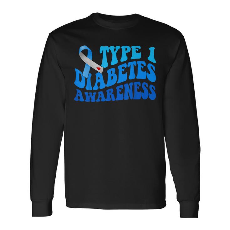 Retro Type 1 Diabetes Awareness Blue Ribbon T1d Warrior Long Sleeve T-Shirt