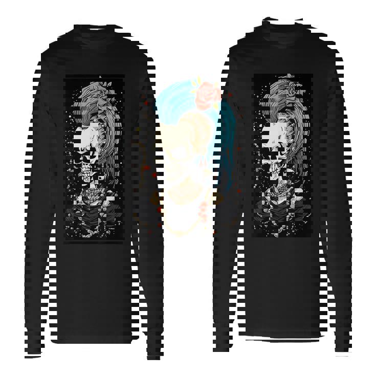Edgy Elegance Skull With Punk Rock Roses Graphic Long Sleeve