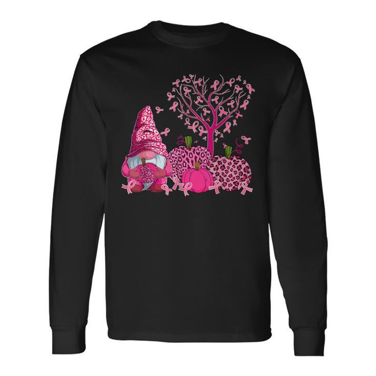 Ribbon Heart Tree Pink And Gnomes Breast Cancer Awareness Long Sleeve T-Shirt
