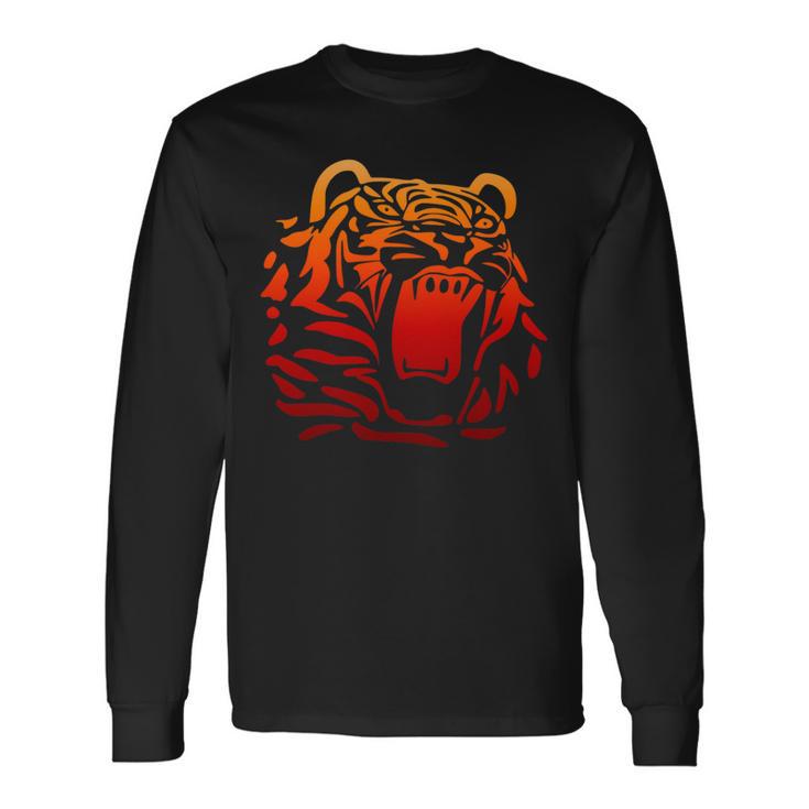 Roaring Tiger Head Tribal Tattoo Style Orange Gradient Long Sleeve T-Shirt