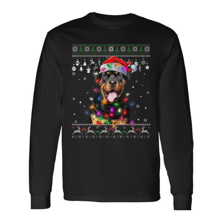 Rottweiler Santa Hat Christmas Tree Lights Xmas Ugly Sweater Long Sleeve T-Shirt
