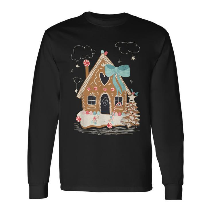 Santa Gingerbread House Christmas Holiday Season Snowflakes Long Sleeve T-Shirt