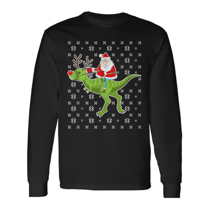 Santa Riding On T-Rex Santa Ugly Christmas Sweater Long Sleeve T-Shirt