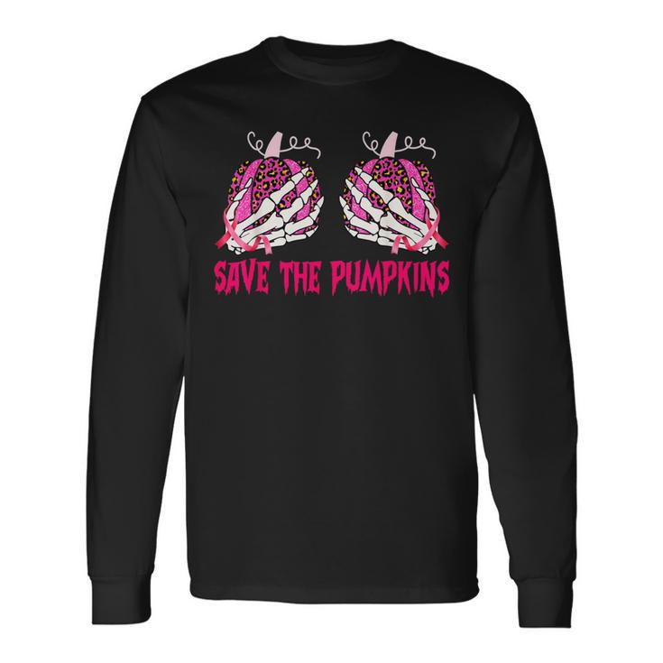 Save The Pumpkins Leopard Skeleton Breast Cancer Awareness Long Sleeve T-Shirt