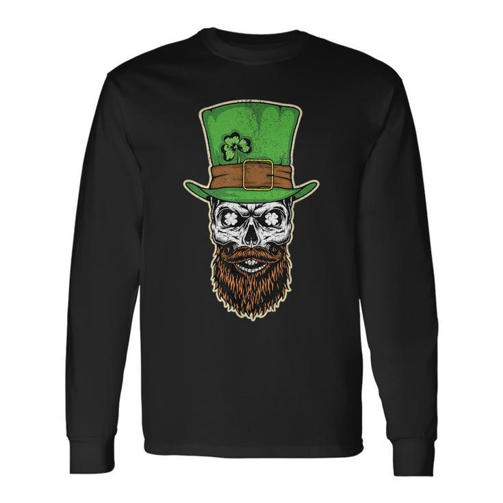 Scary Bearded Leprechaun Skull St Patrick Day Distressed Long Sleeve T-Shirt T-Shirt