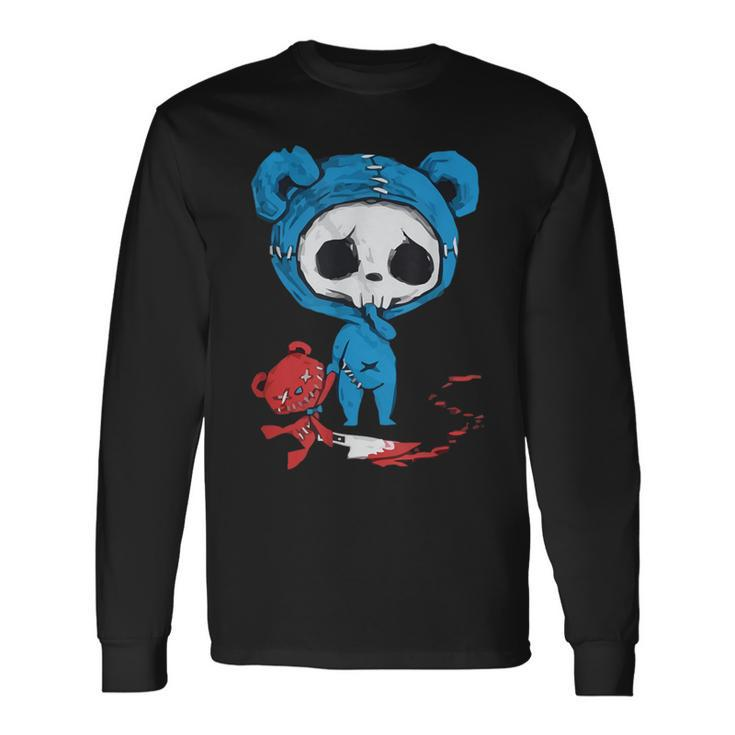Scary Skeleton With Bloody Voodoo Doll Bear Fairy Grunge Alt Long Sleeve T-Shirt