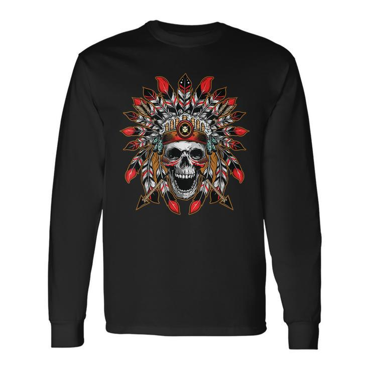 Screaming Skull In Native American Indian Headdress Feathers Native American Long Sleeve T-Shirt