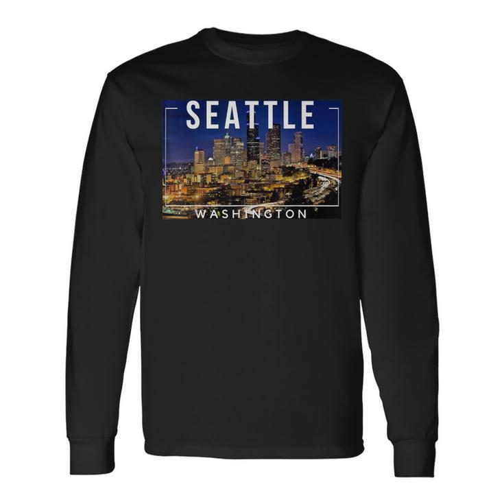 Seattle Washington Skyline Space Needle Mount Rainier Long Sleeve T-Shirt