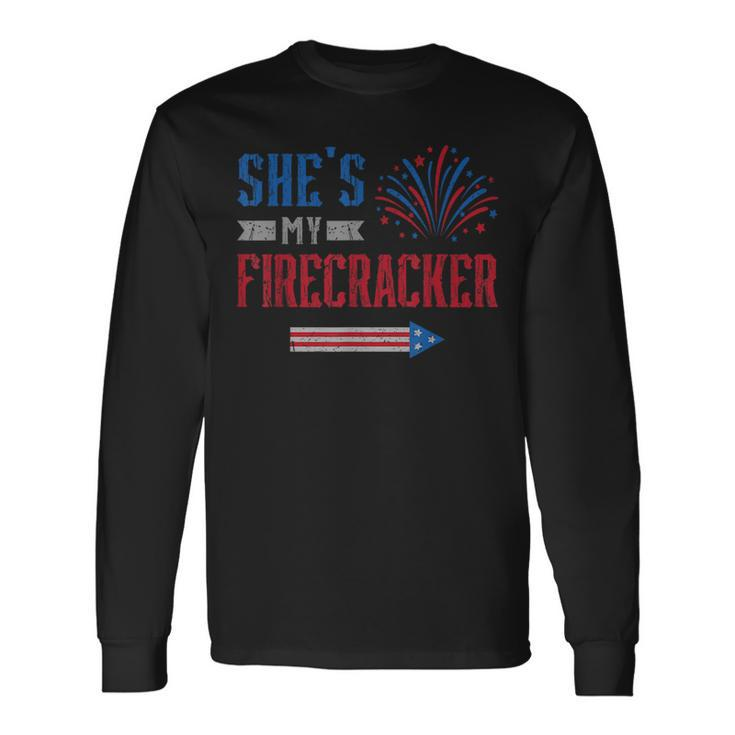 Shes My Firecracker Fireworks Usa Flag Couples 4Th Of July Usa Long Sleeve T-Shirt T-Shirt