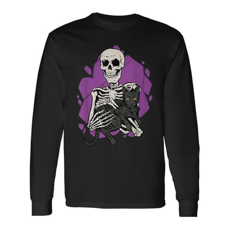 Skeleton Holding A Black Cat Lazy Halloween Costume Skull Long Sleeve T-Shirt