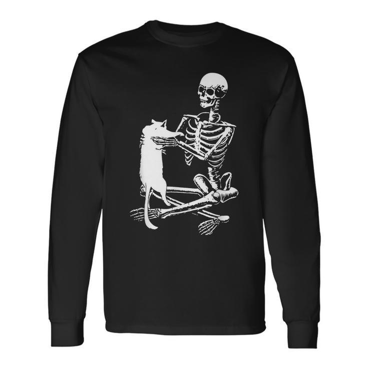 Skeleton Holding A Cat Lazy Halloween Costume Skull Long Sleeve T-Shirt
