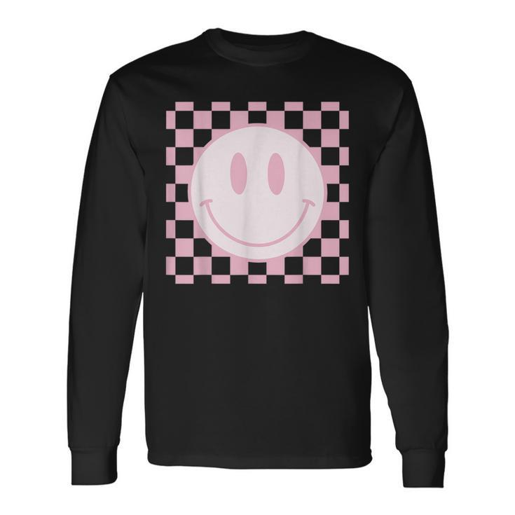 Smile Face Pink Vintage Checkered Pattern Retro Happy Face Long Sleeve T-Shirt