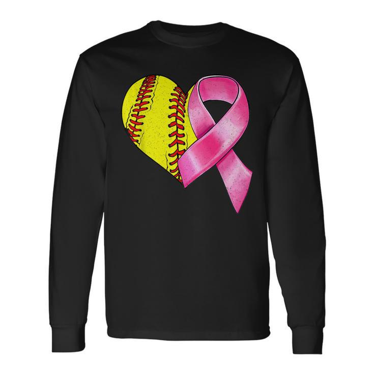 Softball Heart Pink Ribbon Warrior Breast Cancer Awareness Long Sleeve T-Shirt