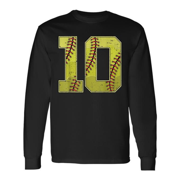Softball Tenth 10Th Birthday Boy Girl Ten 10 Years Old Bday Long Sleeve T-Shirt