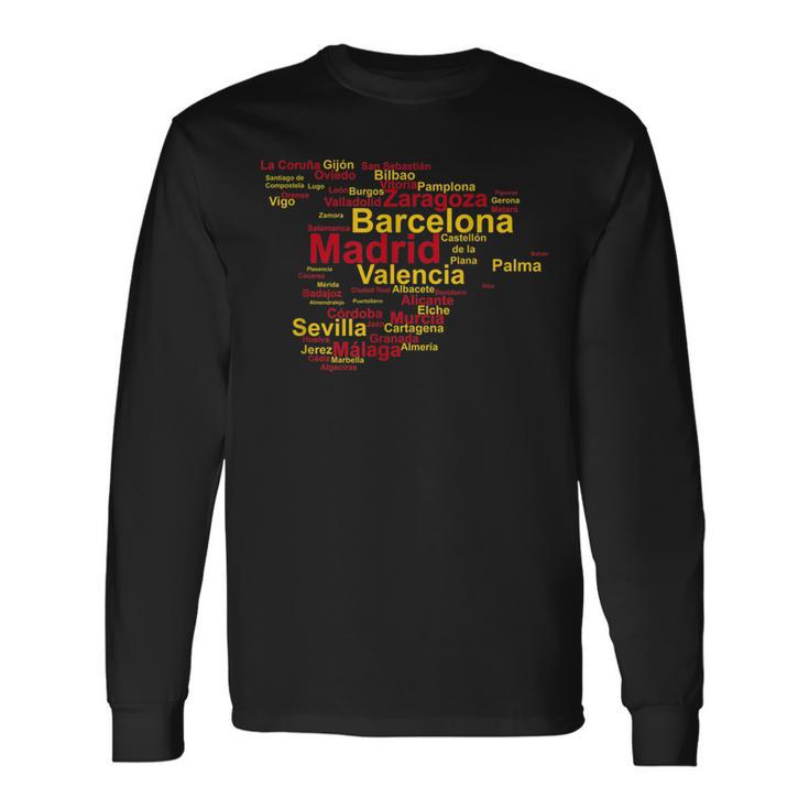 Spain Map Silhouette Towns Cities Madrid Travel Espana Long Sleeve T-Shirt