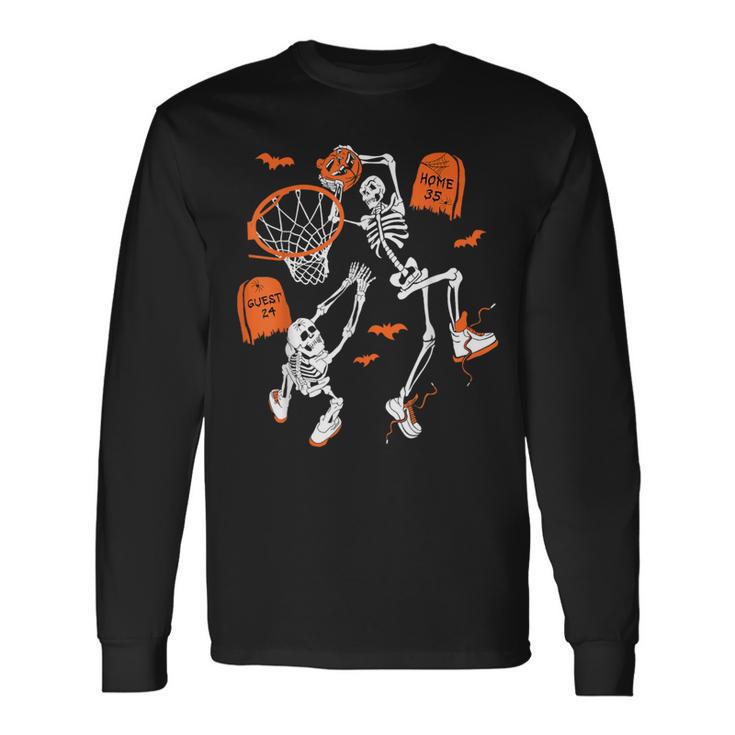 Spooky Skeleton Dunking Basketball Graveyard Halloween Long Sleeve T-Shirt