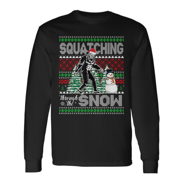 Squatching Through The Snow Bigfoot Ugly Sweater Christmas Long Sleeve T-Shirt